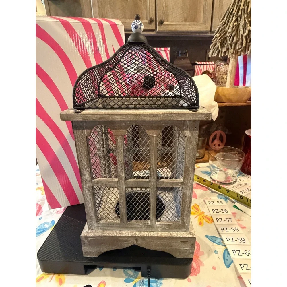 Pink Zebra Rustic Farmhouse Wood Metal Mesh Lantern Decorative Birdcage Gray